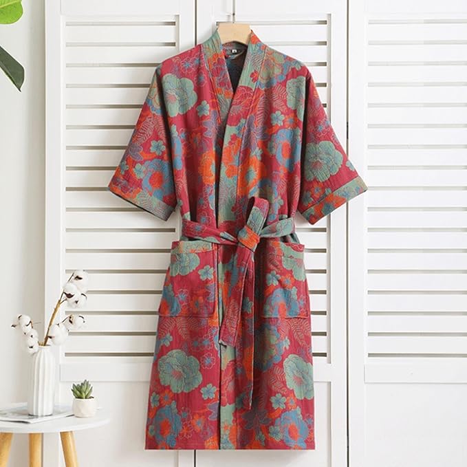 Womens Boho Floral Print Robe Lightweight Short Sleeve Bathrobe Soft Kimono Robes V-neck Loungewear with Pockets