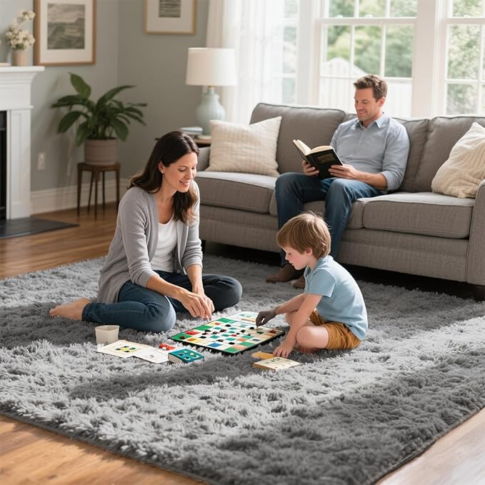 Light Grey Fluffy 8x10 Area Rug for Living Room, Plush Shag Rugs for Bedroom, Large Soft Furry Carpets for Kids Room, Modern Indoor Nursery Carpet for Classroom Dorm Cozy Comfy Home Decor