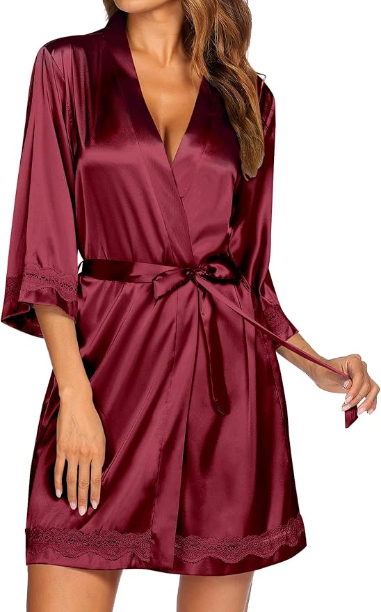 Ekouaer Women's Lace-Trim Silk Robes Bride Bridesmaid Kimono Satin Bathrobe V Neck Sleepwear with 3/4 Sleeve