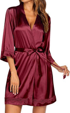 Ekouaer Women's Lace-Trim Silk Robes Bride Bridesmaid Kimono Satin Bathrobe V Neck Sleepwear with 3/4 Sleeve
