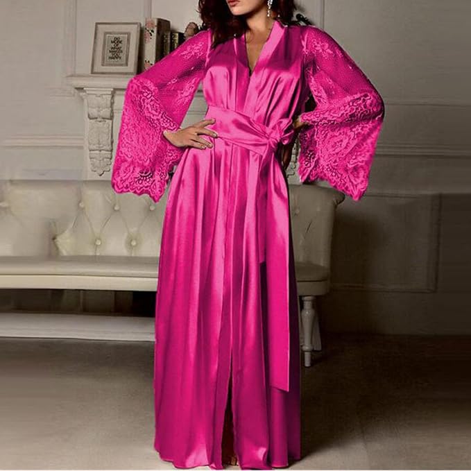 Mzkdieey Women's Floral Lace Robe Silk Kimono Bathrobe Long Bridesmaids Wedding Party Loungewear Sleepwear Dressing Gown