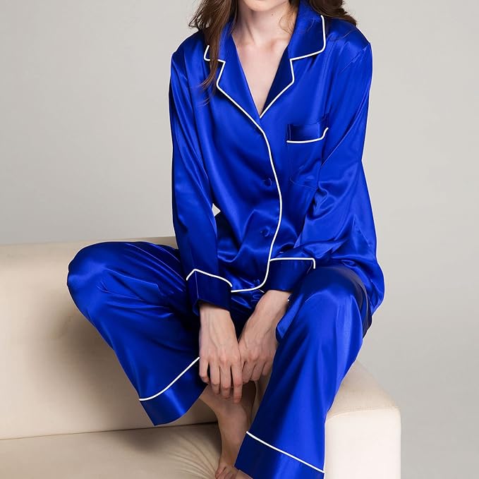 SIHA Satin Silk Pajamas for Women Pajama Set With Long Sleeve Button-Down Satin Pajamas Sleepwear XS-3XL