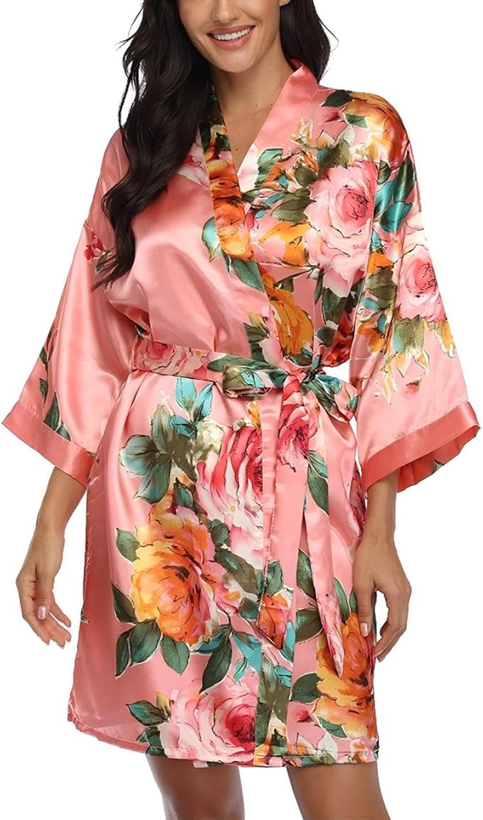 Floral Silk Robes for Women Kimono Satin Short Bath Robe Bridal Dressing Gown Bride Bridesmaids Lightweight Bathrobes