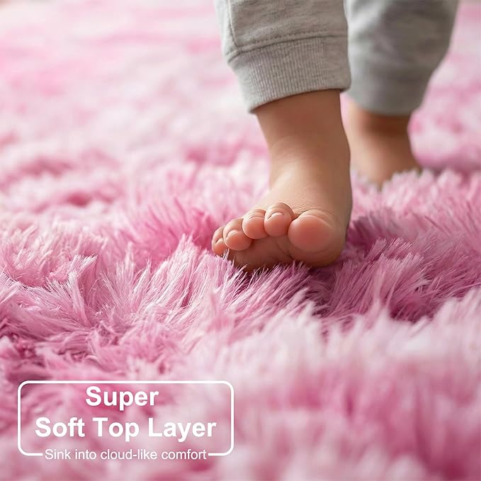 Amdrebio Tie-Dyed Pink and White Area Rugs for Girls Bedroom, Plush Kawaii Fuzzy Throw Princess Rug for Kids Room Playroom, Soft Fluffy Furry Shaggy Carpet for Nursery, 4x6, Cute Room Decor for Baby