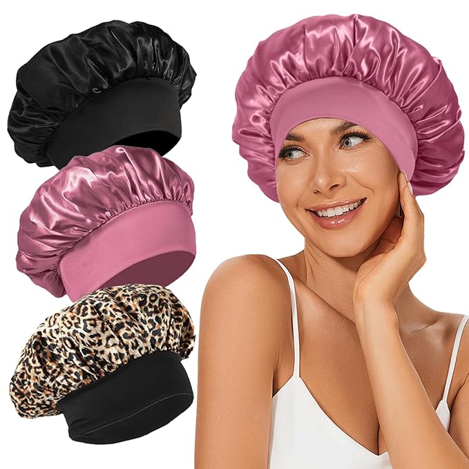 3Pcs Satin Bonnet Silk Bonnet, Hair Bonnet for Sleeping, Elastic Wide Band Silk Sleep Cap, Soft and Breathable(Black Leopard Rose)