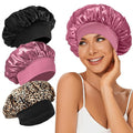 3Pcs Satin Bonnet Silk Bonnet, Hair Bonnet for Sleeping, Elastic Wide Band Silk Sleep Cap, Soft and Breathable(Black Leopard Rose)