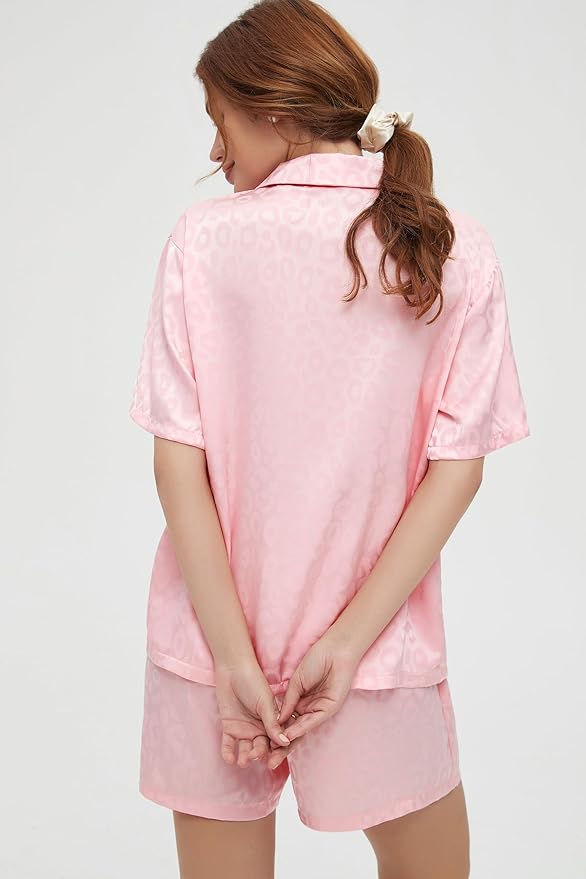 CHYRII Women's Silk Satin Pajamas Sets Tie Front Short Sleeve Tops and Shorts Two Piece Pj Sets Sleepwear