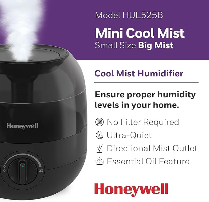 Honeywell Mini Cool Mist humidifier, Easy to Fill and Clean, humidifier for small Bedroom, Kids Rooms, or office. Ultra Quiet Operation and Auto Shut-Off - Black, HUL525B