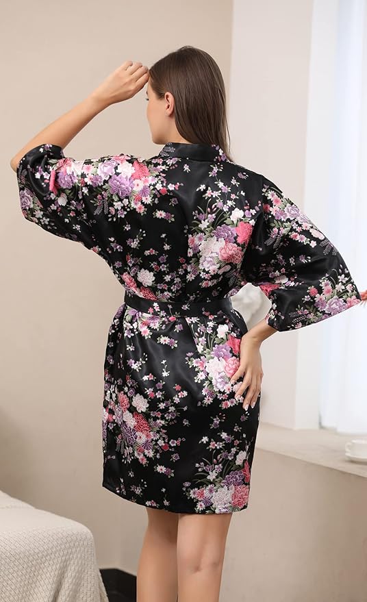 QXQTER Peony Floral Silky Satin Robe Wedding Bridal Party Bride Bridesmaid Robes for Women Dressing Gown Kimono Robe