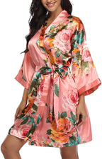 Floral Silk Robes for Women Kimono Satin Short Bath Robe Bridal Dressing Gown Bride Bridesmaids Lightweight Bathrobes