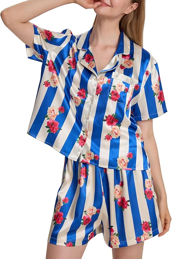 Womens Silk Pajama Sets Floral Print Short Sleeve Satin Pjs Comfy Button Down 2 Piece Sleepwear Loungewear