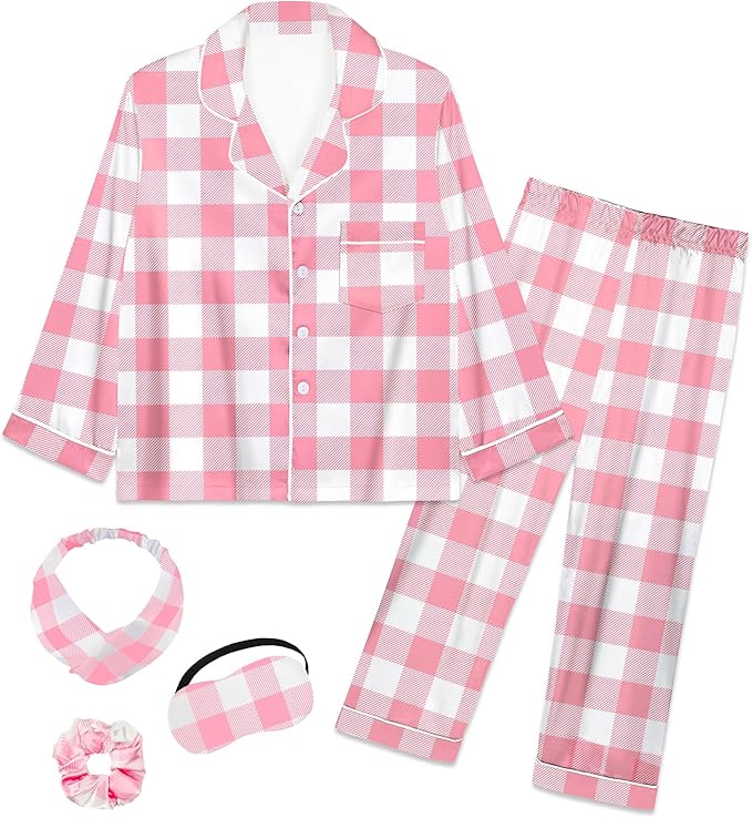 EPLAZA Kids Satin Pajamas Sets Girls Boys Button-Down Silky Pajamas Sleepwear with Hairband Eye Mask Hair Tie