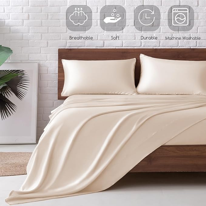 MR&HM Satin Bed Sheets, Queen Size Sheets Set, 4 Pcs Silky Bedding Set with 15 Inches Deep Pocket for Mattress (Queen, Beige)