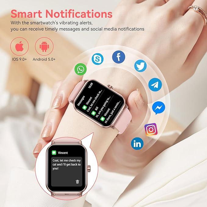 Smart Watch for Men Women, 1.85" HD Fitness Tracker with Bluetooth Calls, 5 ATM Waterproof, 130+ Sport Modes, 24/7 Heart Rate/Sleep Monitor, Pedometer, Calories, Smartwatch for Android iOS (Pink)