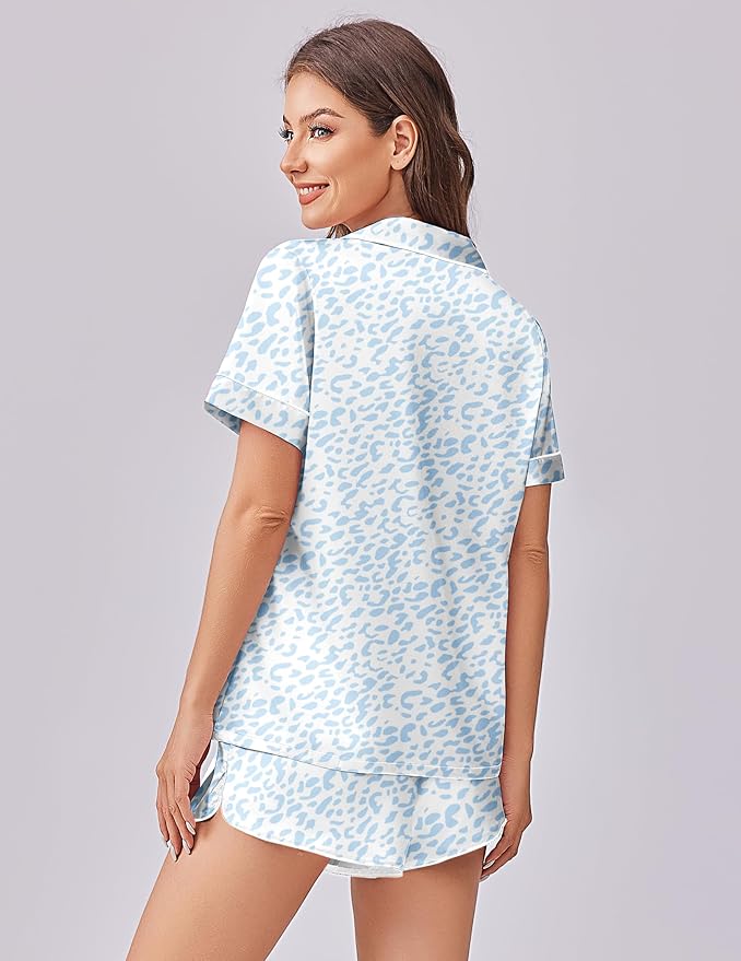 Ekouaer Womens Silk Satin Pajama Set Print Short Sleeve Sleepwear Button Down Pjs Shorts Set Loungewear