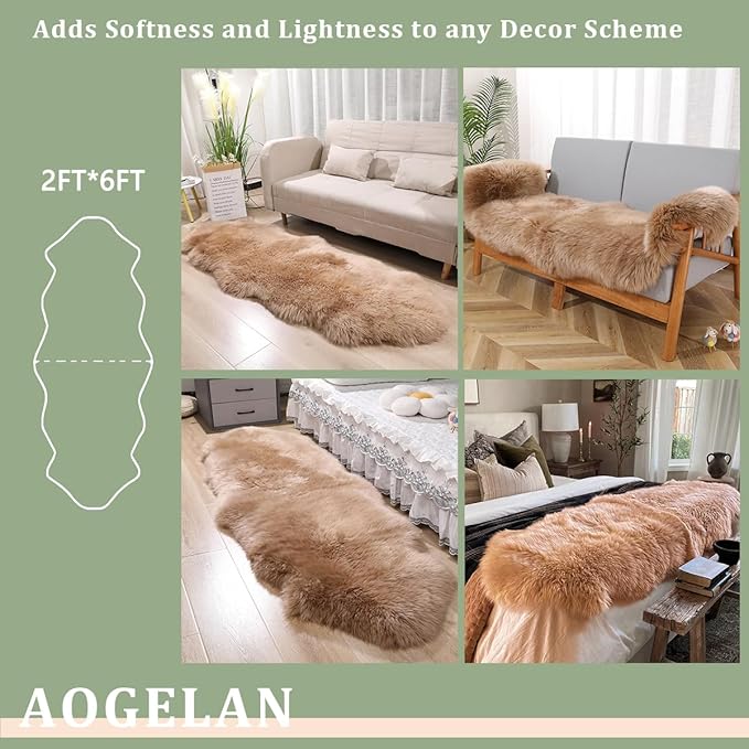 Real Sheep Skin Rug with Little Patches-Genuine Fuzzy Sheepskin Carpet for Bedroom Floor Living Room Sofa Luxury Fur Wool Pad (Light Brown, 2FT×6FT Patchwork)