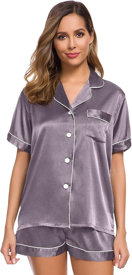 SWOMOG Womens Silk Satin Pajamas Set Short Sleeve Sleepwear Button Down Top and Shorts Loungewear 2 Piece Pjs Set XS-3XL
