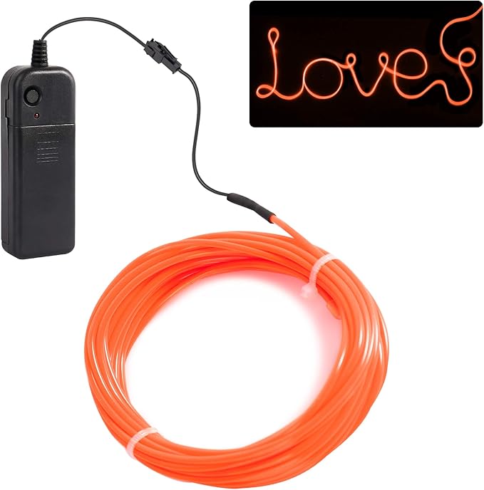 JIGUOOR EL Wire Battery Pack 9.8ft / 3m Bright Neon Light Strip 360° Illumination Neon Tube Rope Lights for DIY, Festival, Party Decoration, Pub, Halloween, Chrismas (9.8ft / 3m, Orange)