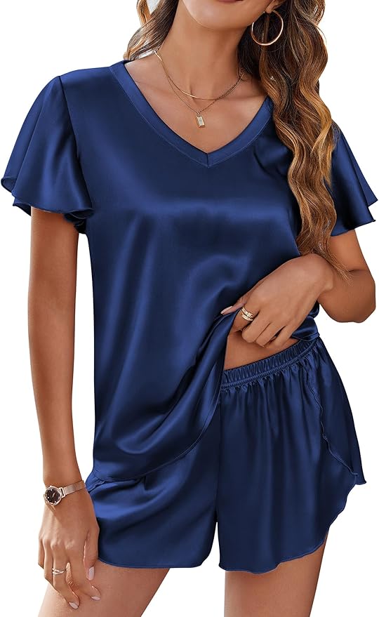 Ekouaer Women Satin Pajamas Set Ruffle Sleeves Silk Pj Set Soft V Neck Sleepwear Loungewear