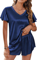 Ekouaer Women Satin Pajamas Set Ruffle Sleeves Silk Pj Set Soft V Neck Sleepwear Loungewear