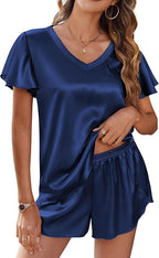 Ekouaer Women Satin Pajamas Set Ruffle Sleeves Silk Pj Set Soft V Neck Sleepwear Loungewear