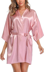 Women's Short Satin Robe Silky Bathrobes Bridal Bridesmaid Kimono Robe V-Neck Sleepwear S-XXL