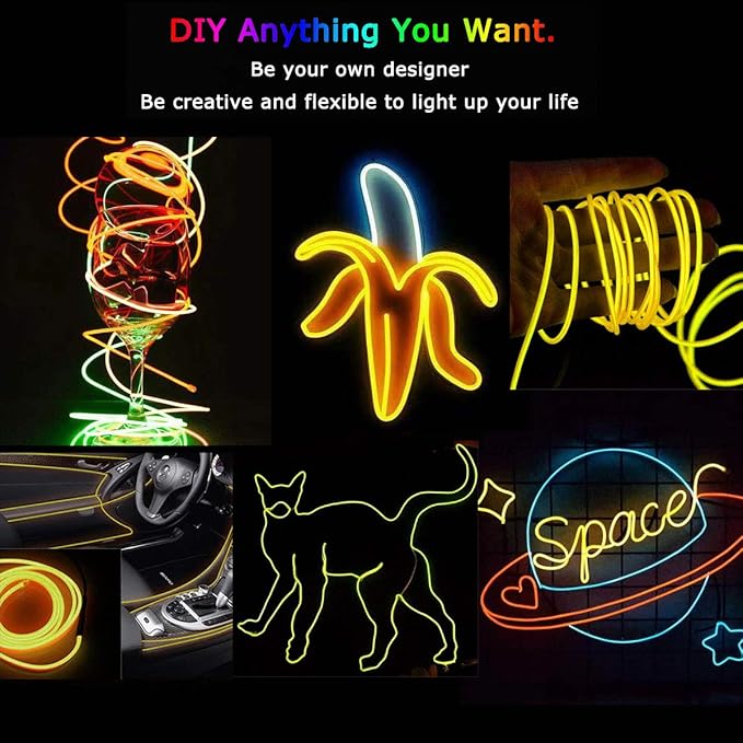 JIGUOOR EL Wire Battery Pack 9.8ft / 3m Bright Neon Light Strip 360° Illumination Neon Tube Rope Lights for DIY, Festival, Party Decoration, Pub, Halloween, Chrismas (9.8ft / 3m, Yellow)