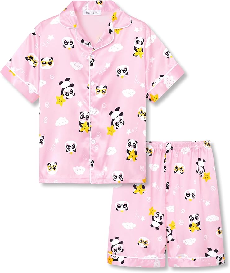 Beezizac Little & Big Girls Satin Silky Button Pajama Summer Short Sleeves Set Trendy Outfit Kid Size 6-16