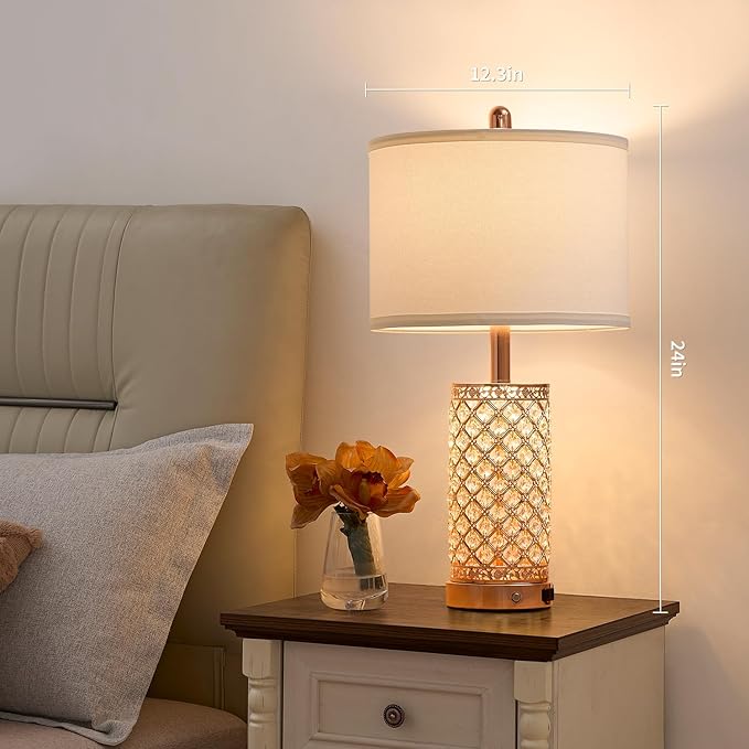 SAIWEYA Crystal Table Lamps Modern 3-Way Dimmable Bedside Lamp with 2 USB Ports & AC Outlets for Living Room Bedroom Nightstand Lamp Night Light (Rose Gold-2 Pack 24In)