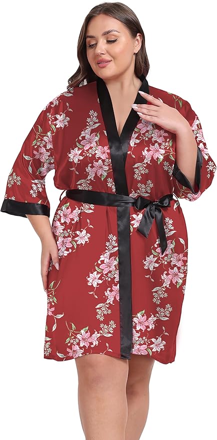Women's Plus Size Satin Kimono Robes Short Silky Bathrobe Wedding Getting Ready Sleepwear Loungewear