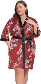 Women's Plus Size Satin Kimono Robes Short Silky Bathrobe Wedding Getting Ready Sleepwear Loungewear