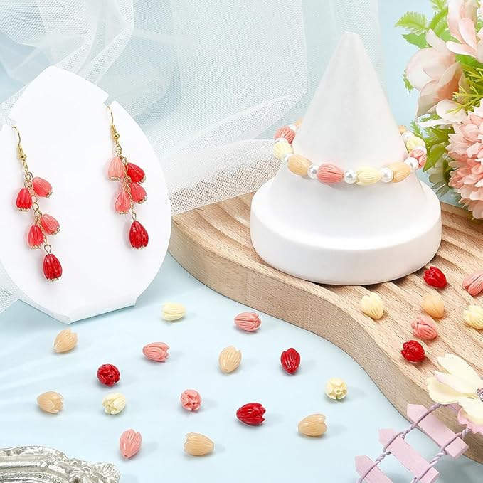 100Pcs 9x11mm 4 Colors Pikake Flower Beads 3D Floral Beads Summer Colorful Artificial Red Carved Jasmine Synthetic Coral Smooth Spacers Findings for Jewelry Making Bracelets Necklaces Adults