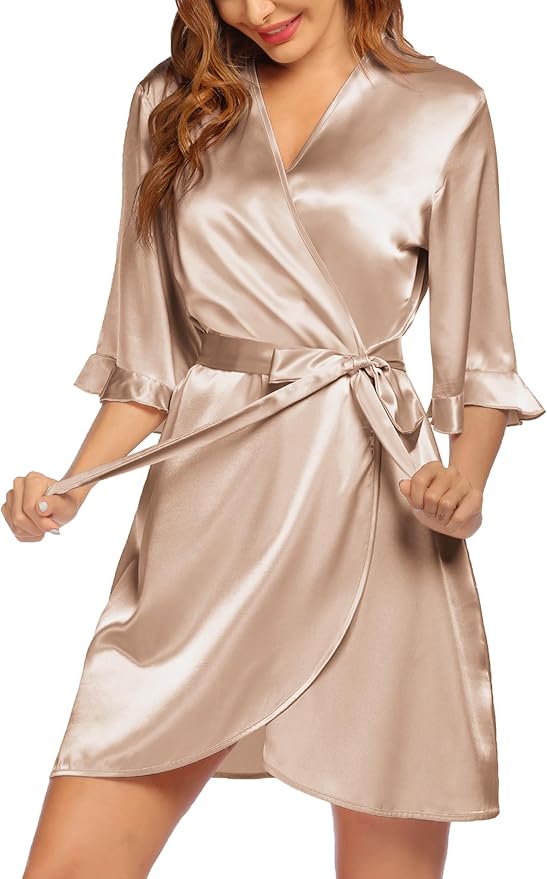 Ekouaer Women's Satin Robe Valentines Lingerie for Women Kimono Bathrobe Short Ruffle Belted Robes Bridesmaids Sleepwear