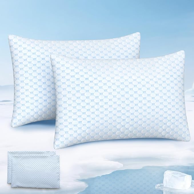 Favocama Cooling Pillow for Sleeping, Shredded Memory Foam Pillows Standard Size Set of 2, Double Sided Cooling Bed Pillows for Hot Sleepers, Side Back and Stomach Sleepers with 4 Covers