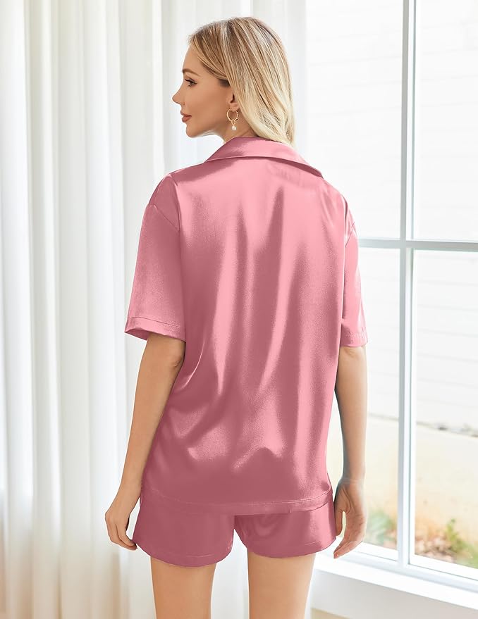 Ekouaer Pajamas for Women Silk Satin Pjs Soft Sleepwear Short Sleeve Button Down Pjs Top and Shorts 2 Piece Lounge Set S-XXL