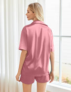 Ekouaer Pajamas for Women Silk Satin Pjs Soft Sleepwear Short Sleeve Button Down Pjs Top and Shorts 2 Piece Lounge Set S-XXL