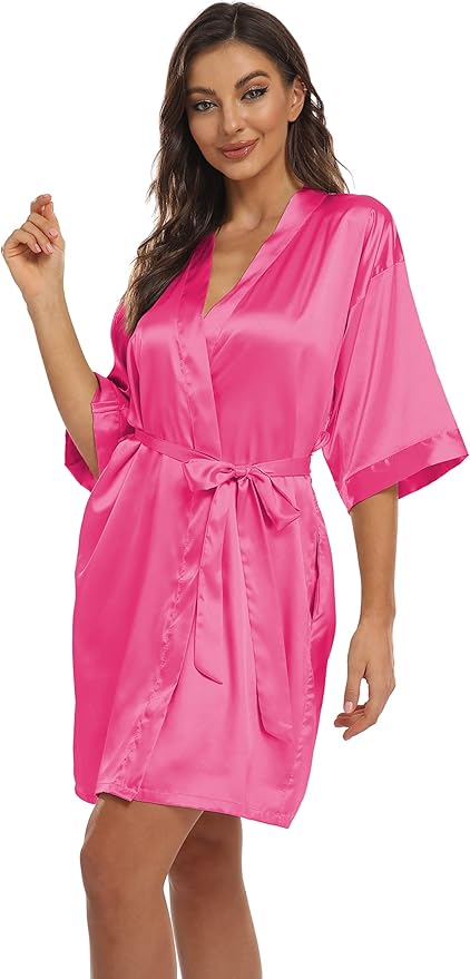 Women's Pure Short Kimono Robes Bride Bridesmaids Silky Bathrobe Lightweight Satin Sleepwear
