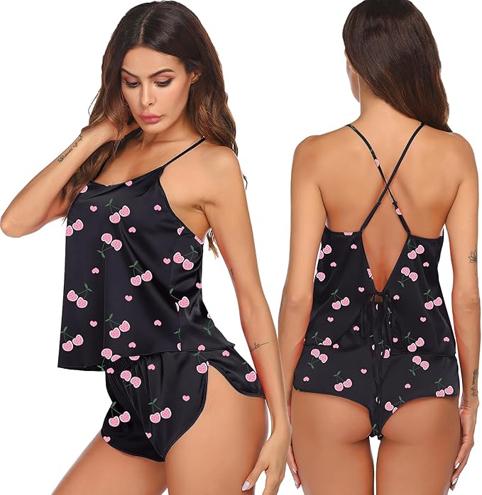 Ekouaer Silk Pajamas Set for Women Satin Backless Lingerie Pjs Cami Top and Shorts Nightwear