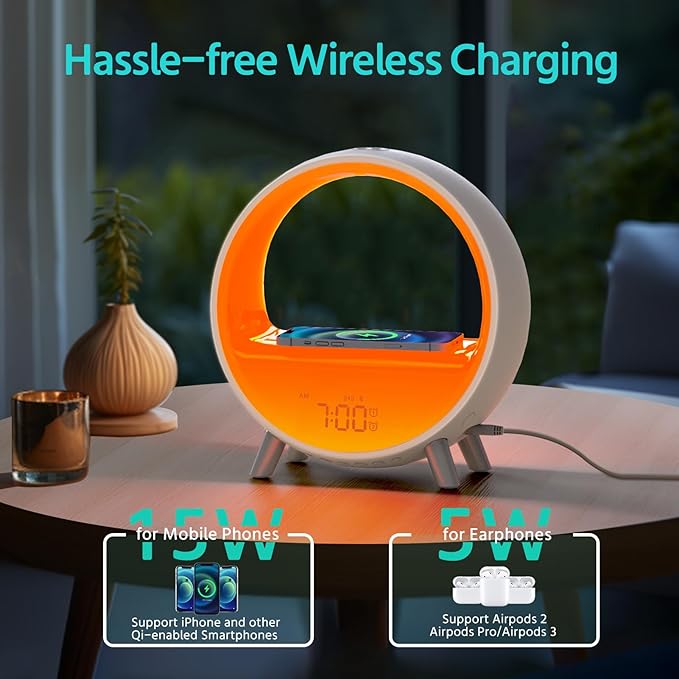 MOMILLA Sunrise Alarm Clock with 15W Wireless Charging Station, Bluetooth Speaker & White Noise Machine - Wake Up Light with Layered Ambient Glow, Sunset Sleep Aid, Zen Gifts for Women, Adults, Teens