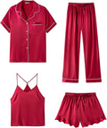SAPJON Silk Pajamas for Women Set 4Pcs Ruffled Satin Pajamas Set Button Down Short Sleeve Cami Shorts Sleepwear Pj Set