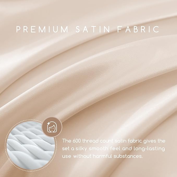 MR&HM Satin Bed Sheets, Queen Size Sheets Set, 4 Pcs Silky Bedding Set with 15 Inches Deep Pocket for Mattress (Queen, Beige)