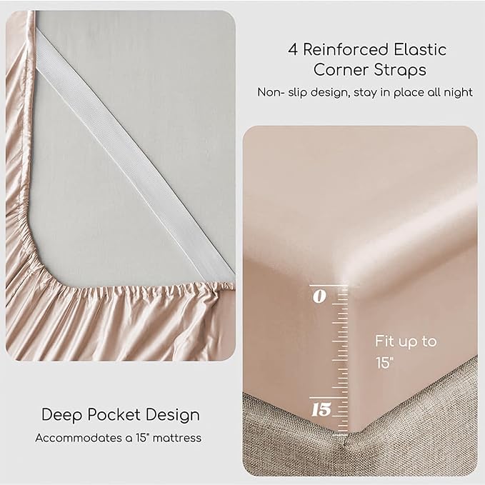MR&HM Satin Bed Sheets, Queen Size Sheets Set, 6 Pcs Silky Bedding Set with 15 Inches Deep Pocket for Mattress(Queen, Taupe)