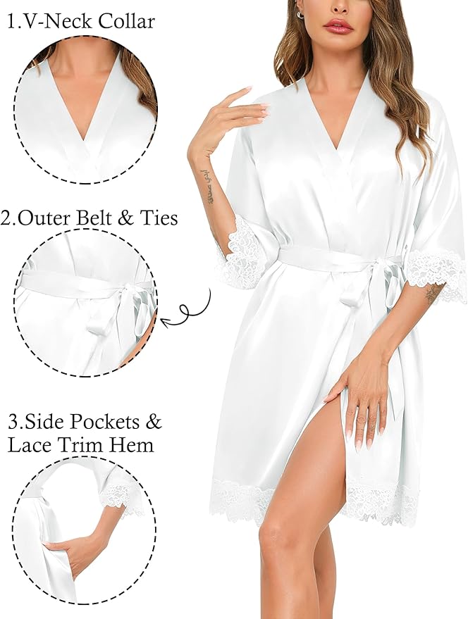 SWOMOG Women's Satin Robe Set 2 Piece Sexy Pajamas Sets Lace Cami Nightgown and Silk Robes Nightwear