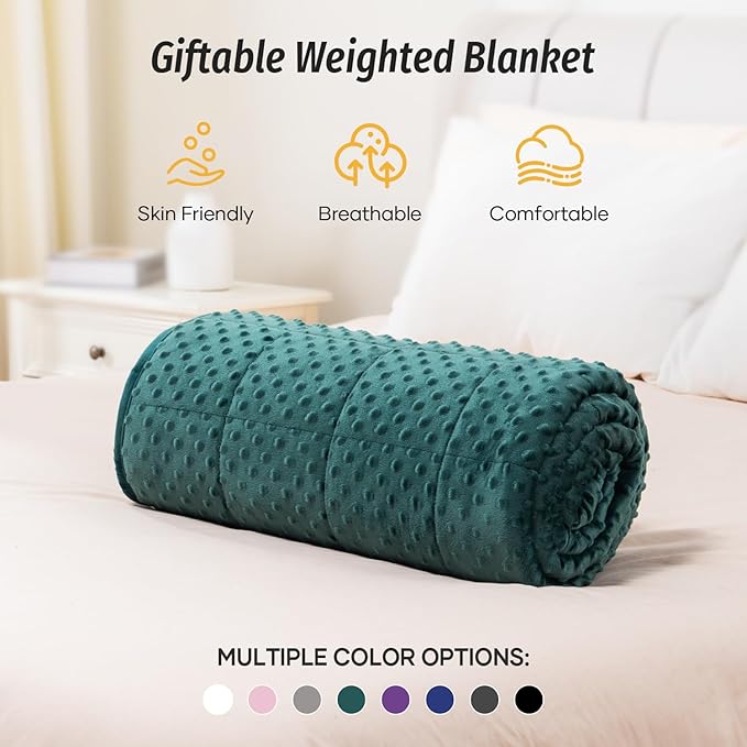 Wemore Minky Dot Weighted Blanket for Adults Queen Size 12 lbs, Soft Cozy Heavy Blanket for Bed and Couch, Breathable Blanket for All-Season with Glass Beads, Dark Green 60 x 80 inches