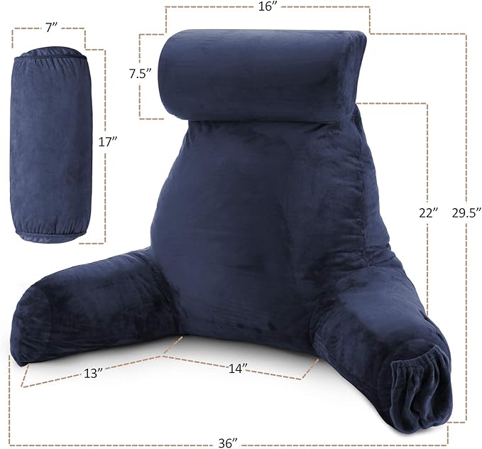 Clara Clark Reading Pillow with Shredded Memory Foam Includes 2 Neck and Lumber Support Pillows, Designed for Sitting Up in Bed and Couch, Back and Arms Adjustable Support for Adults & Teens Navy Blue