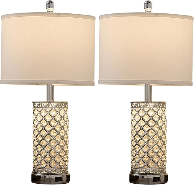 SAIWEYA Crystal Table Lamps Set of 2, 3-Way Dimmable Bedside Lamp with 2 USB Ports & AC Outlets for Living Room Bedroom Nightstand Lamp Night Light (Silver- 2 Pack 24In)