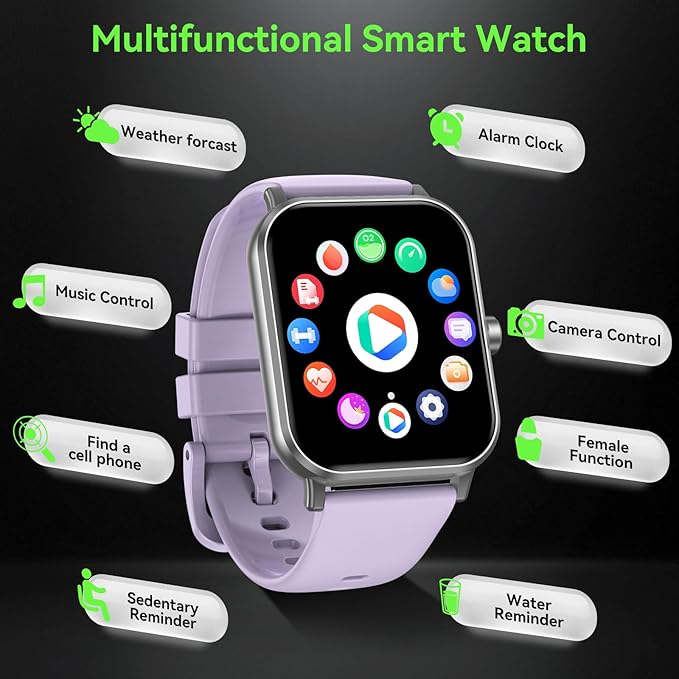 Smart Watch for Men Women, 1.85" HD Fitness Tracker with Bluetooth Calls, 5 ATM Waterproof, 130+ Sport Modes, 24/7 Heart Rate/Sleep Monitor, Pedometer, Calories, Smartwatch for Android iOS (Purple)