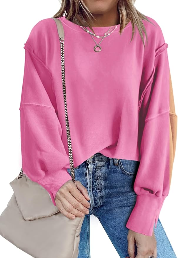 Nirovien Womens Oversized Crewneck Sweatshirt Side Slit Long Sleeve Pullover Slouchy Fit Tops