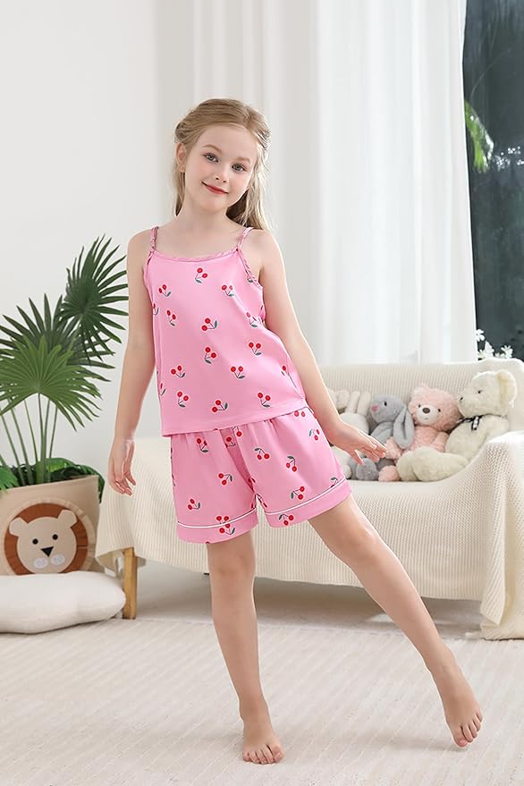 Weixinbuy Girls Pajamas Silk PJS Set Sleeveless Pajama Tank Elastic Waist Shorts Sleepwear Kids Summer Nightwear Clothes Set