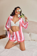 Ekouaer Satin Pajama Set for Women Button Down Pj Set Long Sleeve Top and Shorts 2 Piece Loungewear Summer Soft Sleepwear